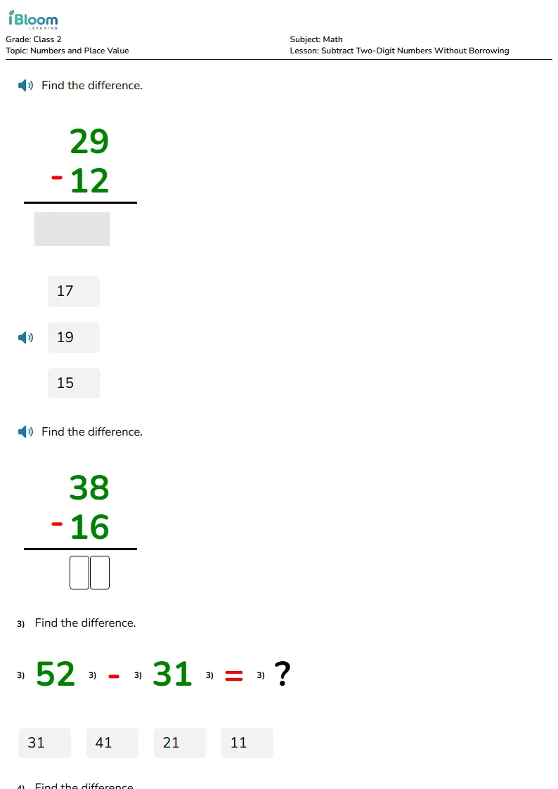 Free Subtract Two-Digit Numbers Without Borrowing Worksheets for Class 2 | iBloom