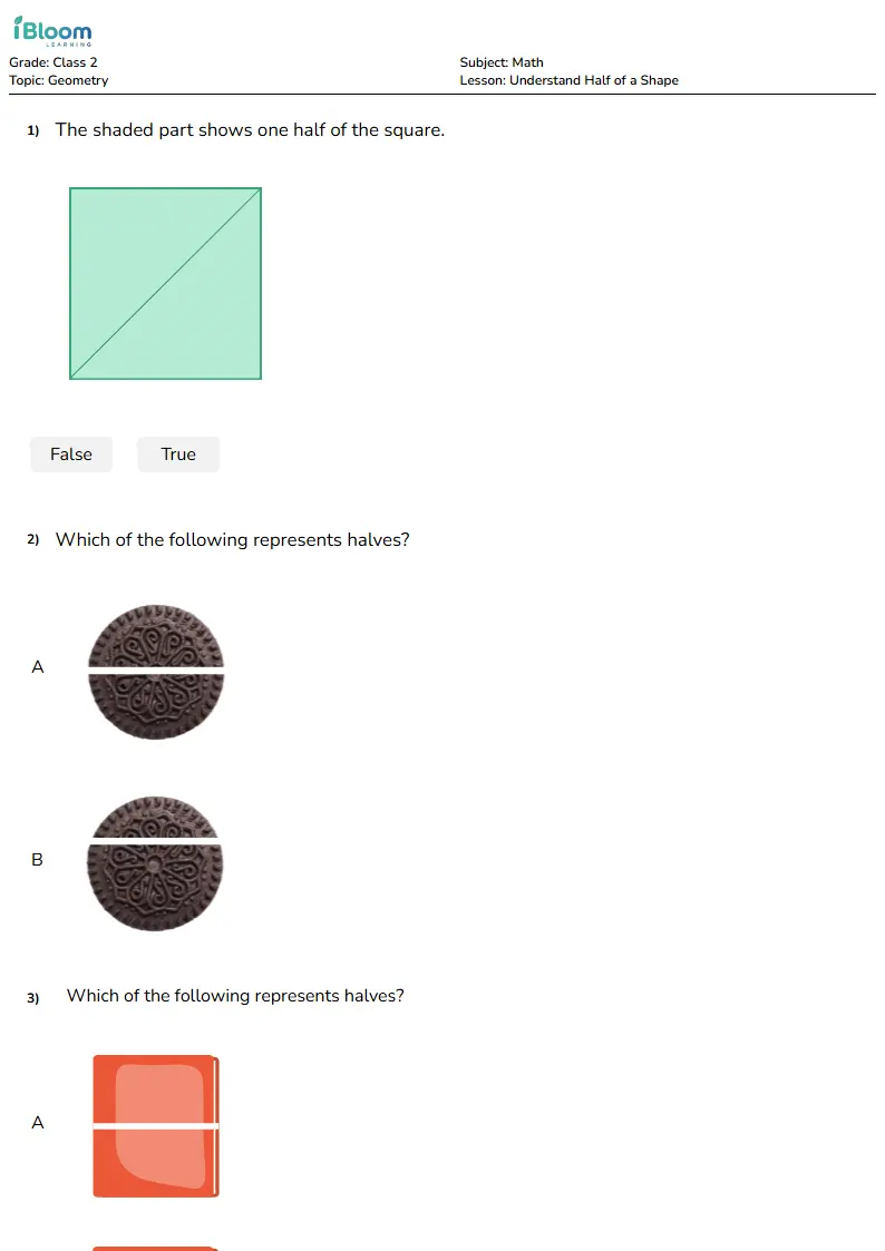 Free Understand Half of a Shape Worksheets for Class 2 | iBloom