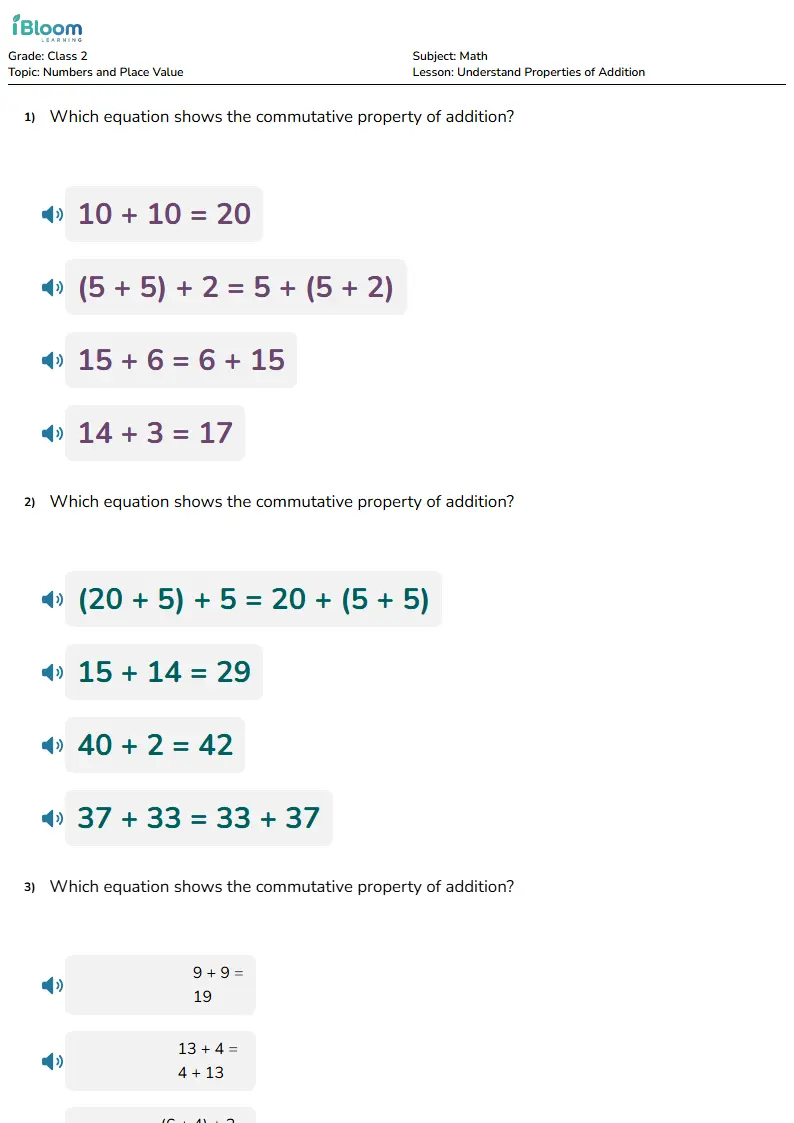 Free Understand Properties of Addition Worksheets for Class 2 | iBloom