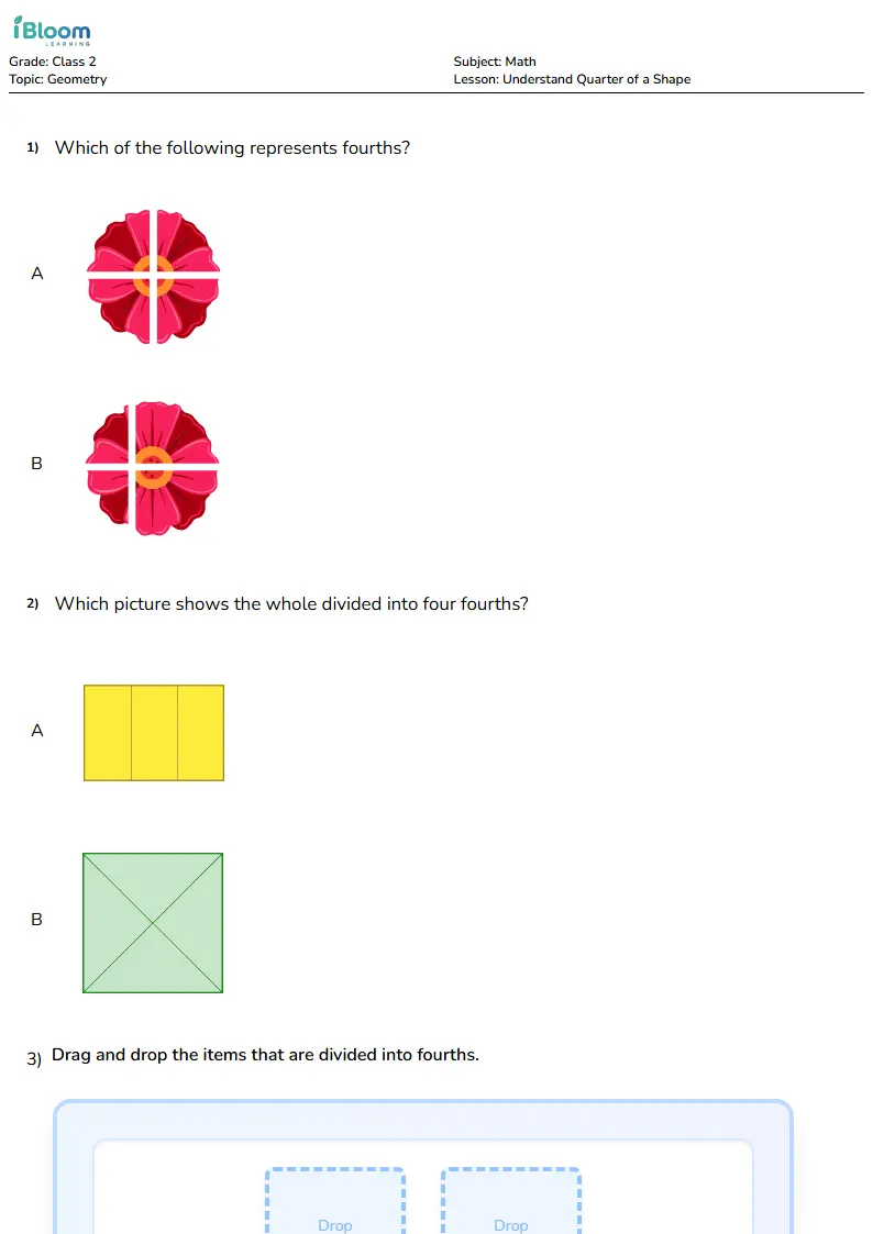 Free Understand Quarter of a Shape Worksheets for Class 2 | iBloom