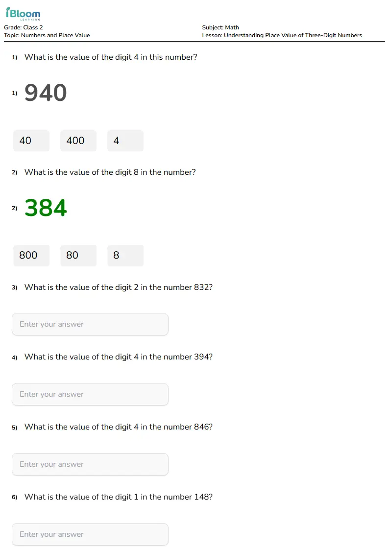 Free Understanding Place Value of Three-Digit Numbers Worksheets for Class 2 | iBloom
