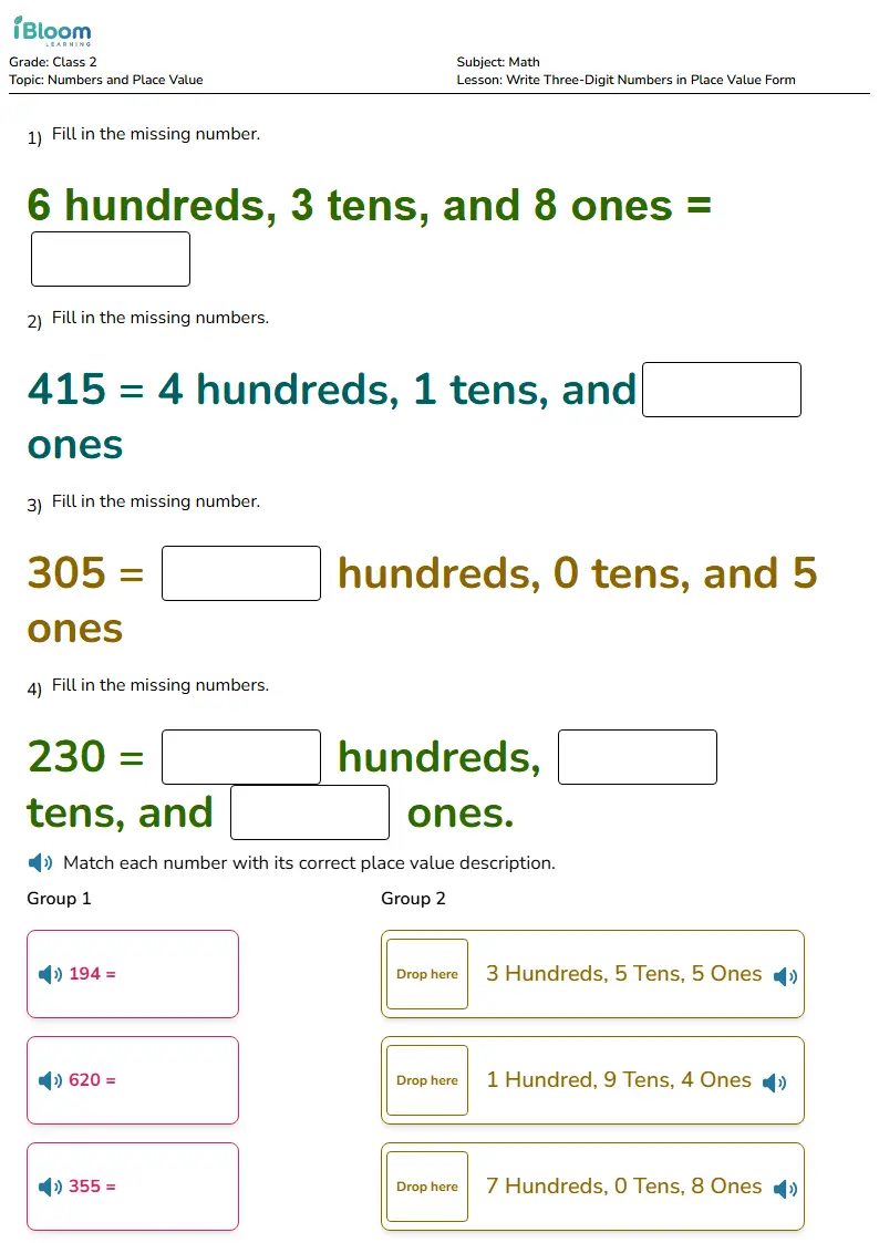 Free Write Three-Digit Numbers in Place Value Form Worksheets for Class 2 | iBloom