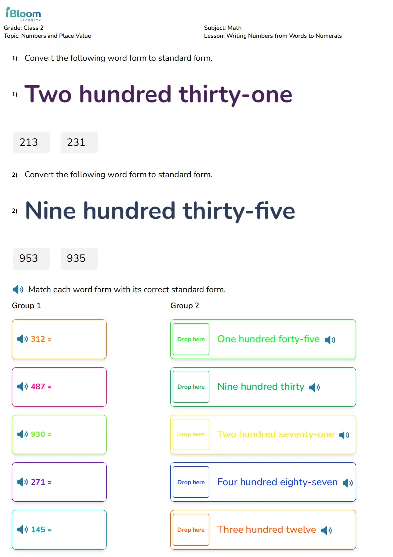 Free Writing Numbers from Words to Numerals Worksheets for Class 2 | iBloom