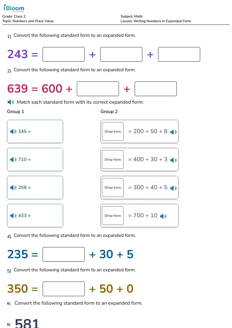 Free Writing Numbers in Expanded Form Worksheets for Class 2 | iBloom