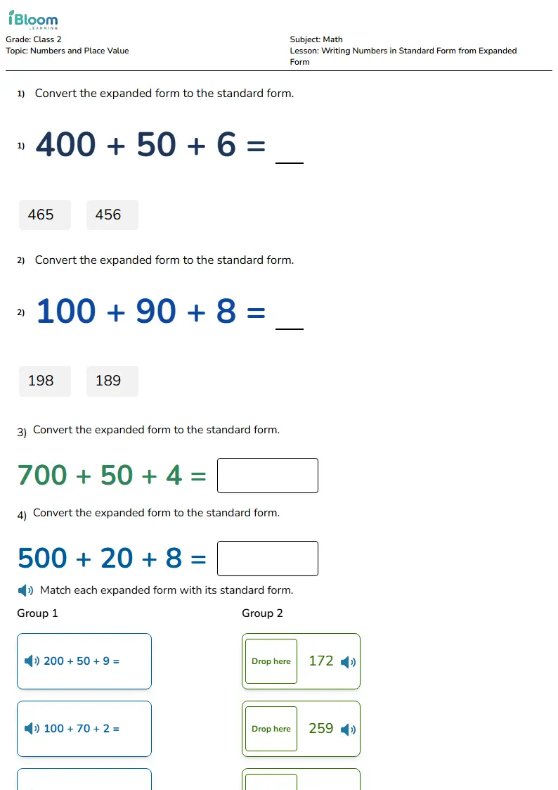 Free Writing Numbers in Standard Form from Expanded Form Worksheets for Class 2 | iBloom
