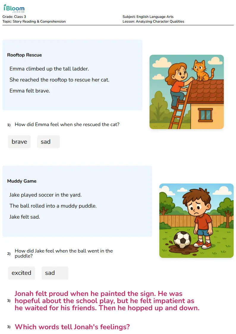 Free Analyzing Character Qualities Worksheets for Class 3