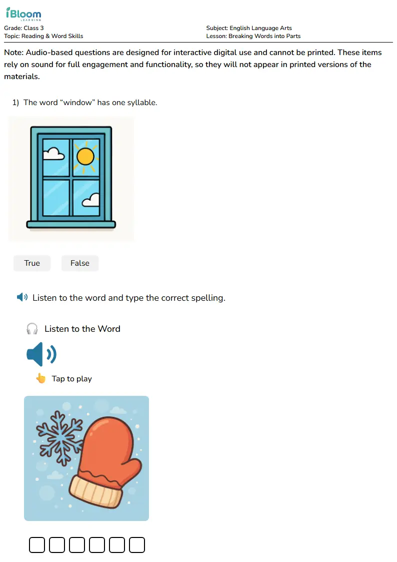 Free Breaking Words into Parts Worksheets for Class 3