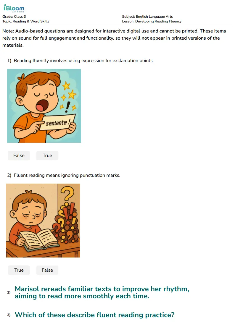 Free Developing Reading Fluency Worksheets for Class 3