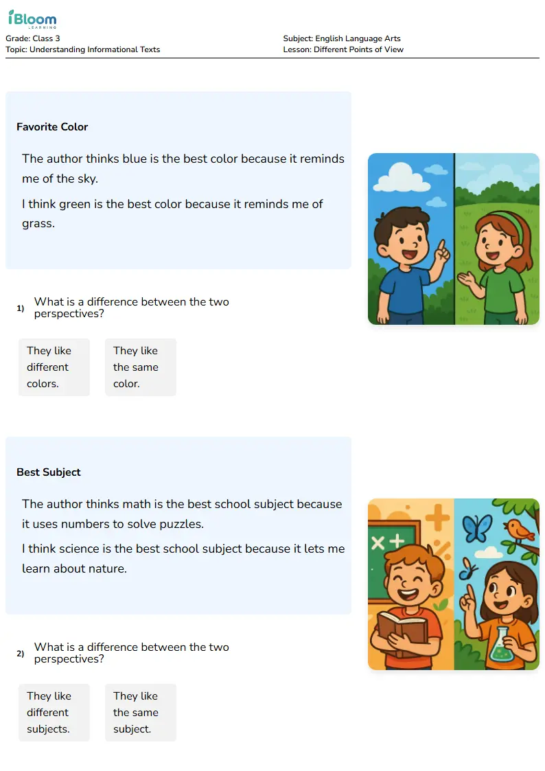 Free Different Points of View Worksheets for Class 3