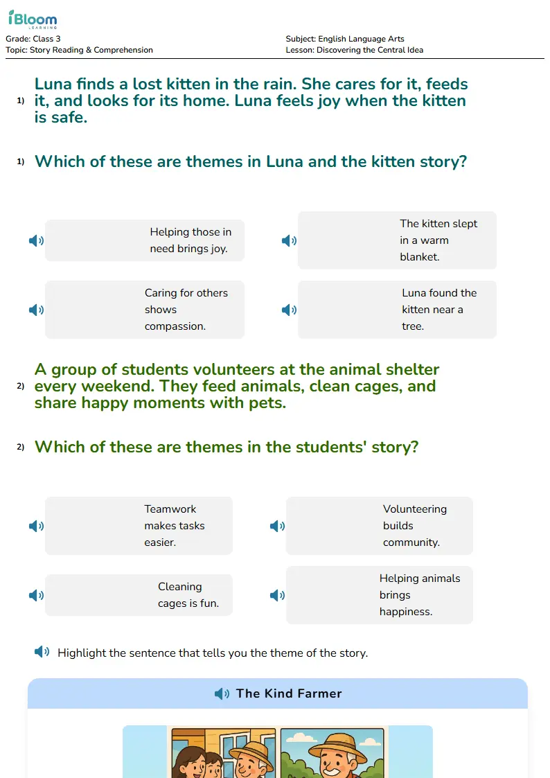 Free Discovering the Central Idea Worksheets for Class 3