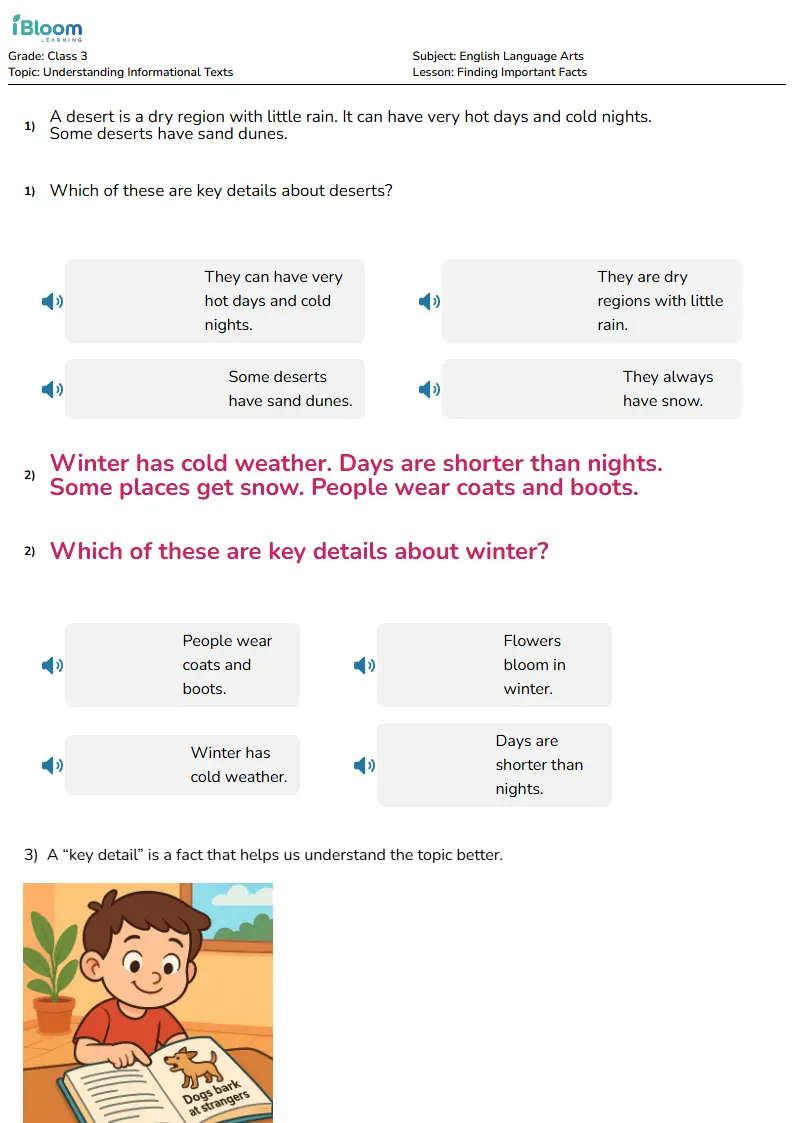 Free Finding Important Facts Worksheets for Class 3