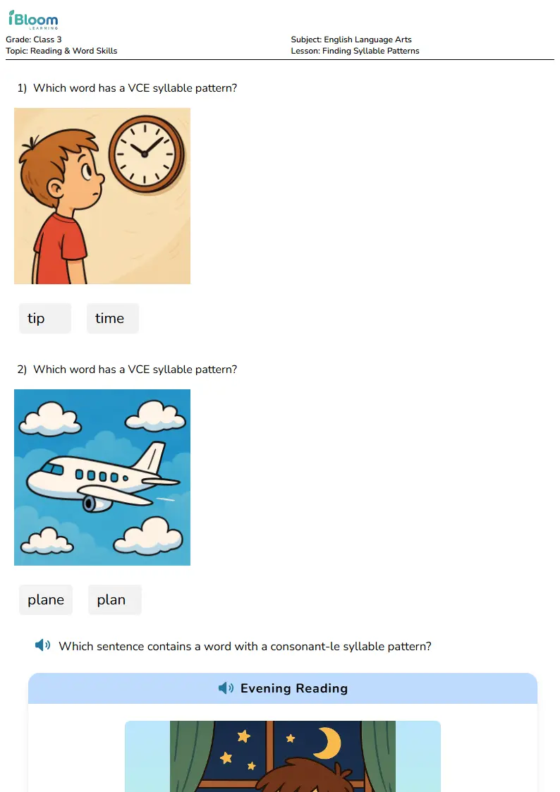 Free Finding Syllable Patterns Worksheets for Class 3