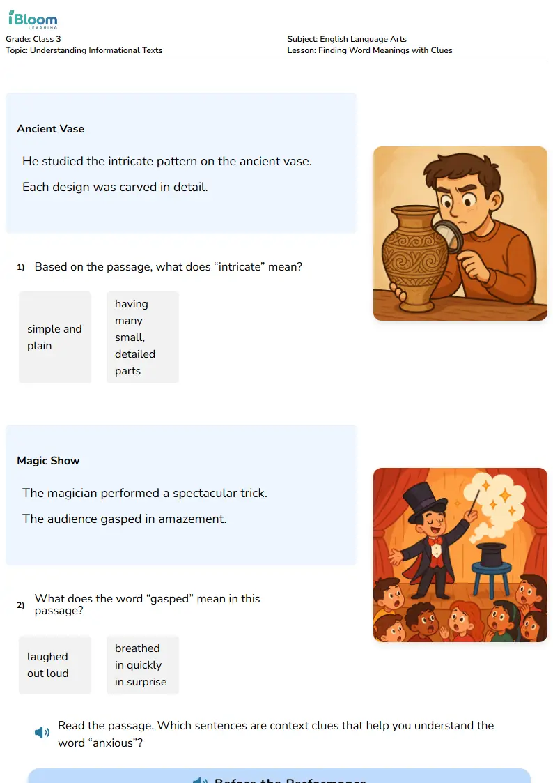 Free Finding Word Meanings with Clues Worksheets for Class 3