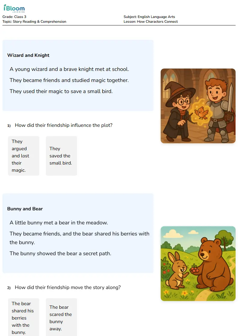 Free How Characters Connect Worksheets for Class 3