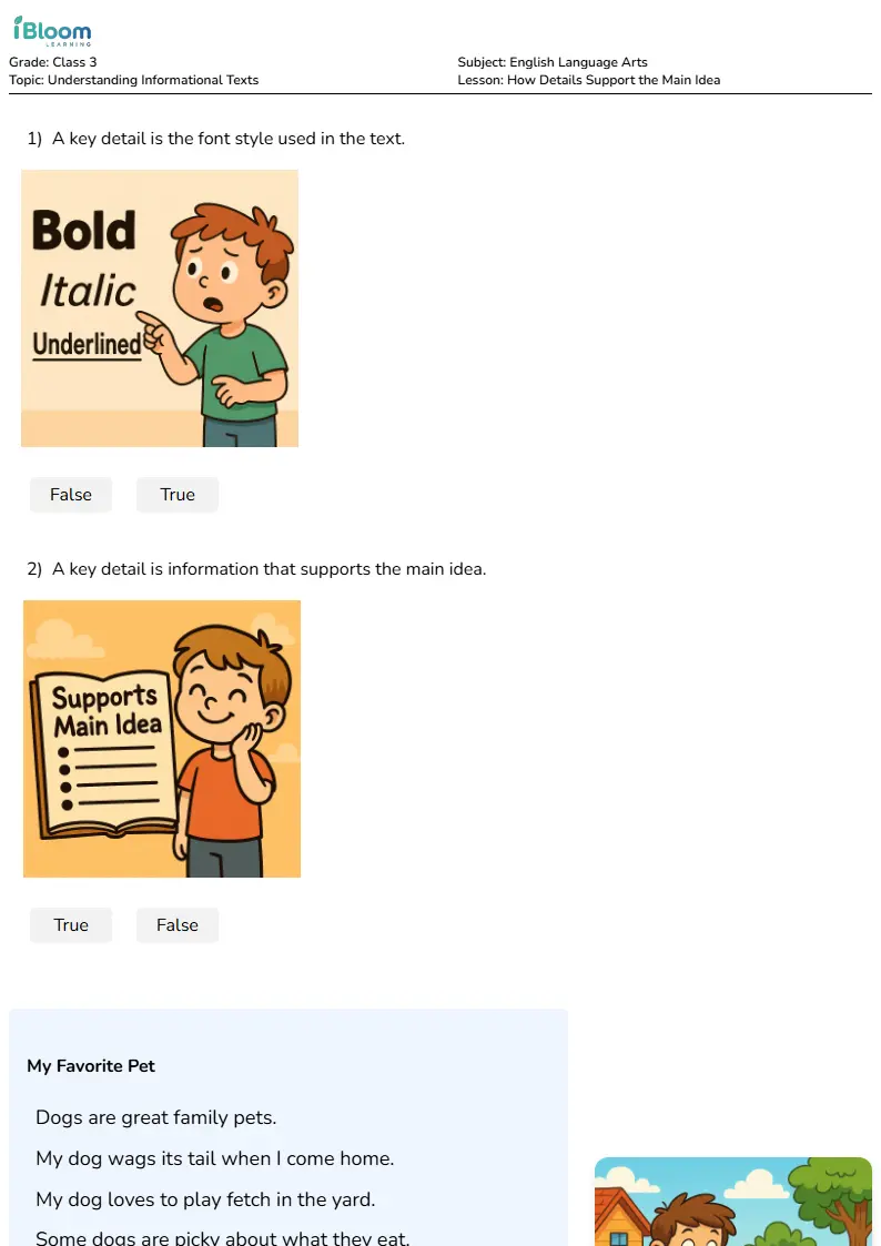 Free How Details Support the Main Idea Worksheets for Class 3