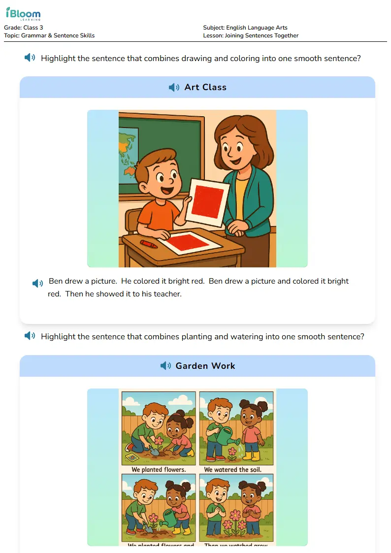 Free Joining Sentences Together Worksheets for Class 3