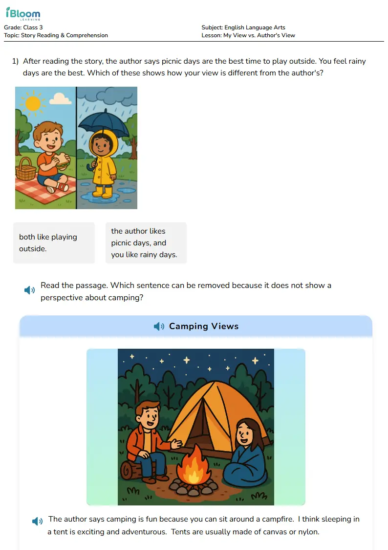 Free My View vs. Author's View Worksheets for Class 3 | iBloom