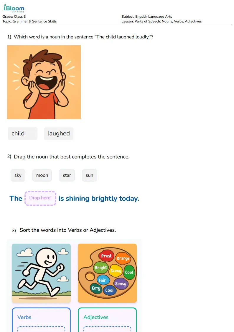Free Parts of Speech: Nouns, Verbs, Adjectives Worksheets for Class 3 | iBloom
