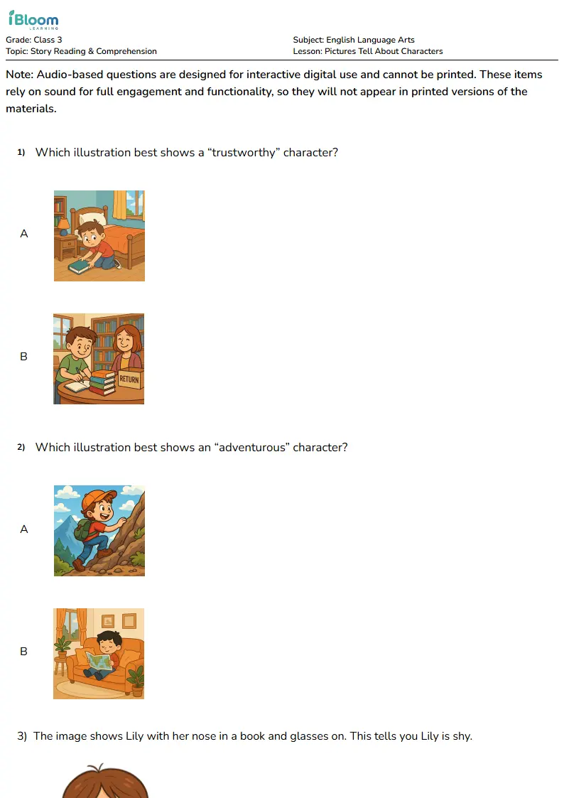 Free Pictures Tell About Characters Worksheets for Class 3 | iBloom