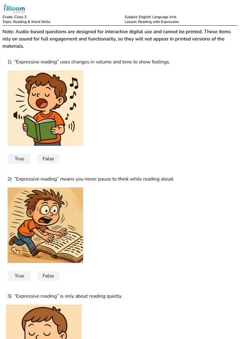 Free Reading with Expression Worksheets for Class 3 | iBloom