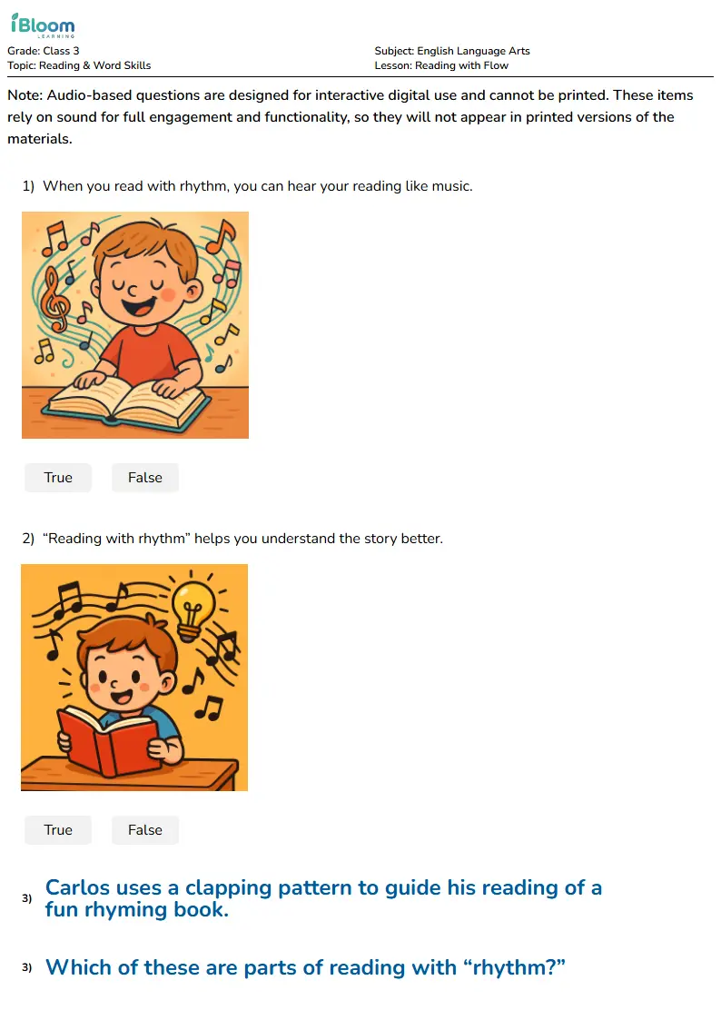 Free Reading with Flow Worksheets for Class 3 | iBloom