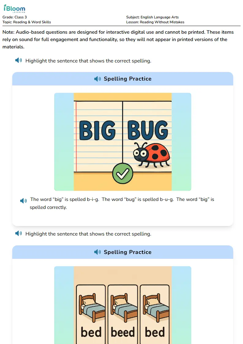 Free Reading Without Mistakes Worksheets for Class 3 | iBloom