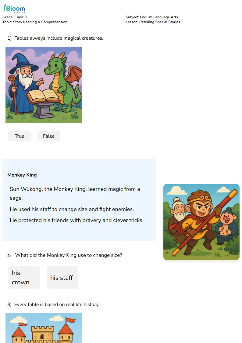 Free Retelling Special Stories Worksheets for Class 3 | iBloom