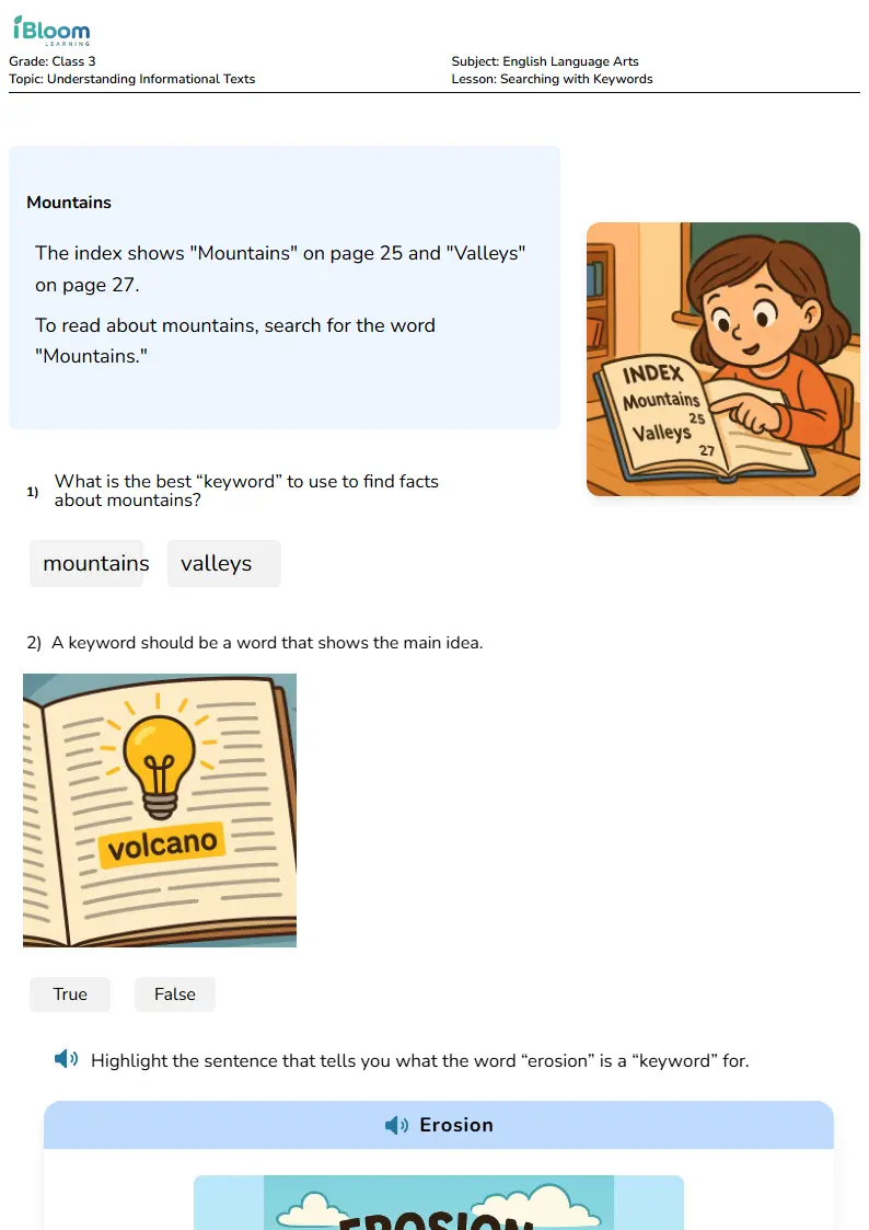Free Searching with Keywords Worksheets for Class 3 | iBloom