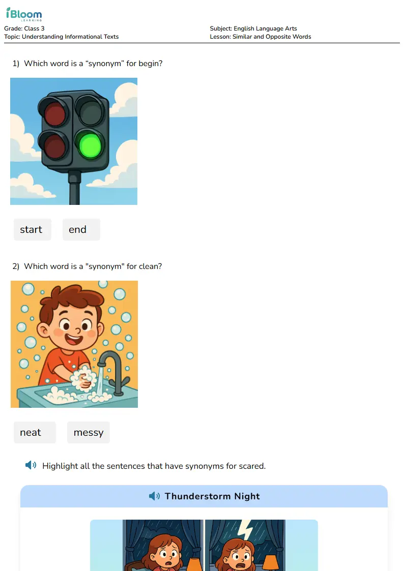 Free Similar and Opposite Words Worksheets for Class 3 | iBloom
