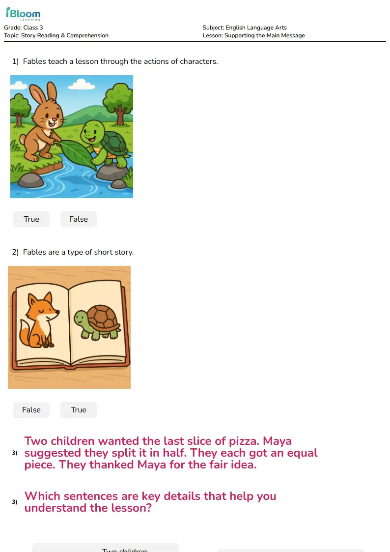 Free Supporting the Main Message Worksheets for Class 3 | iBloom