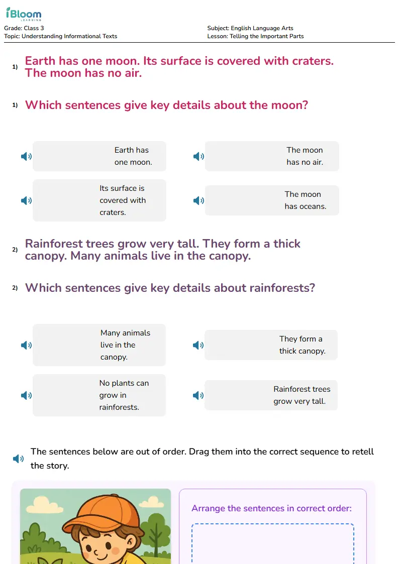 Free Telling the Important Parts Worksheets for Class 3 | iBloom