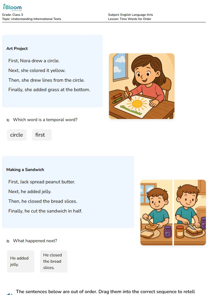 Free Time Words for Order Worksheets for Class 3 | iBloom