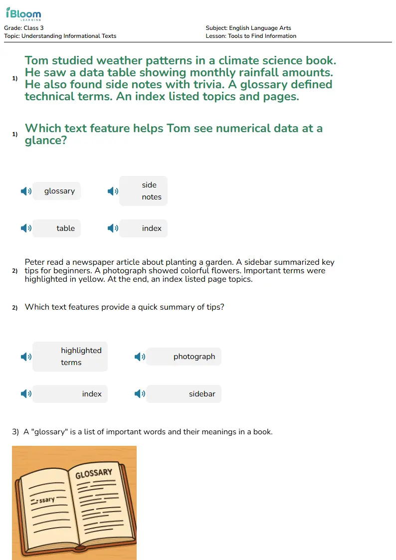 Free Tools to Find Information Worksheets for Class 3 | iBloom