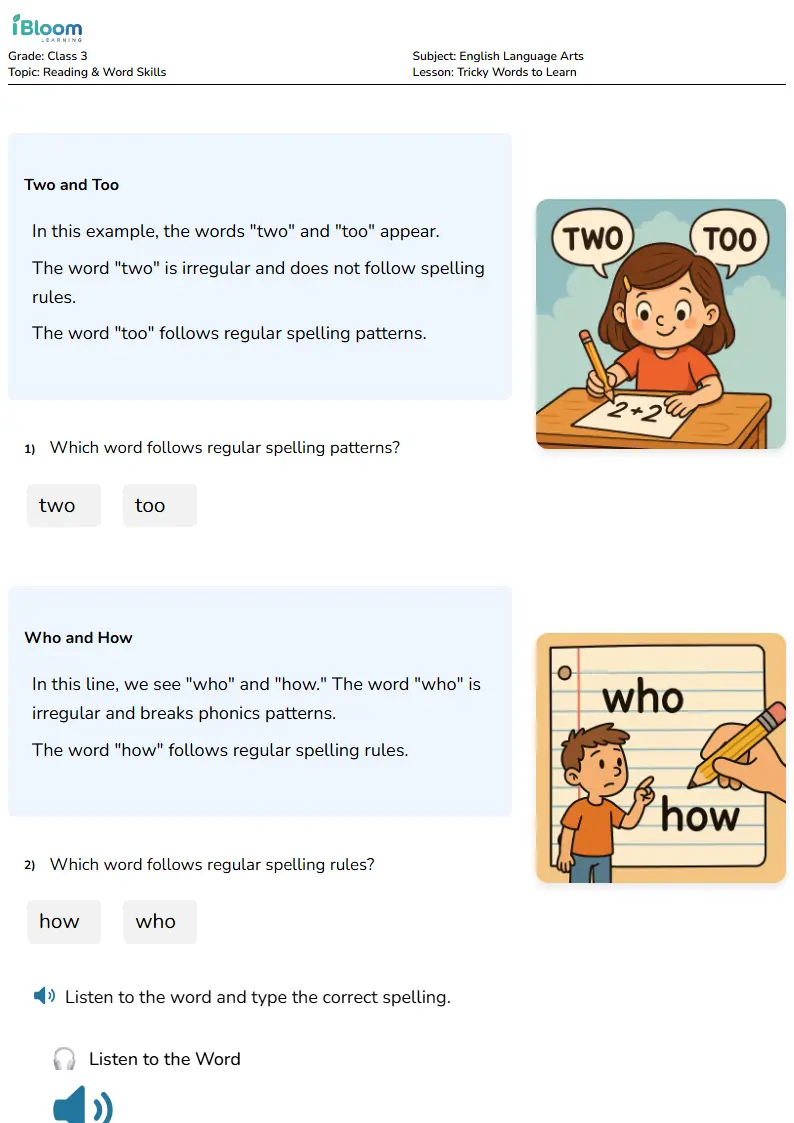 Free Tricky Words to Learn Worksheets for Class 3 | iBloom