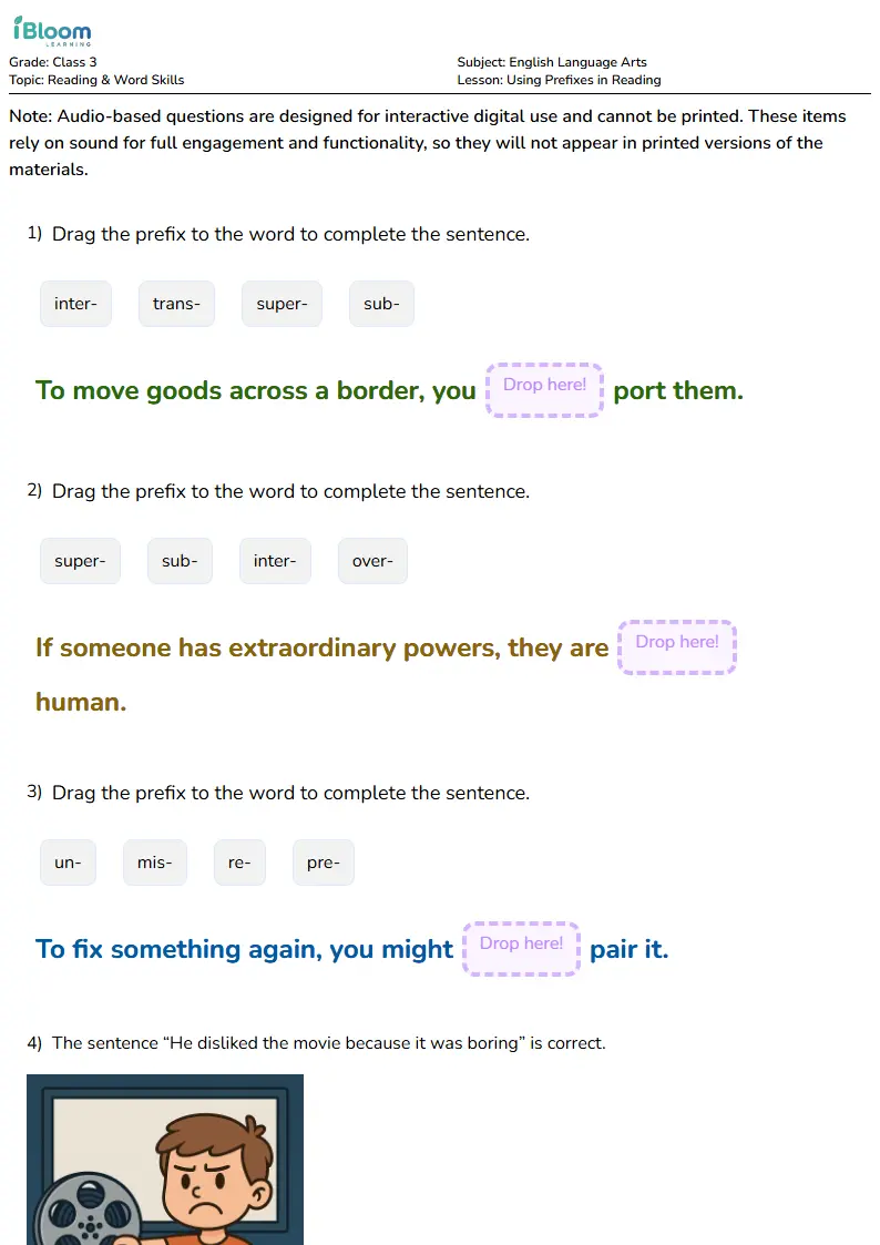 Free Using Prefixes in Reading Worksheets for Class 3 | iBloom