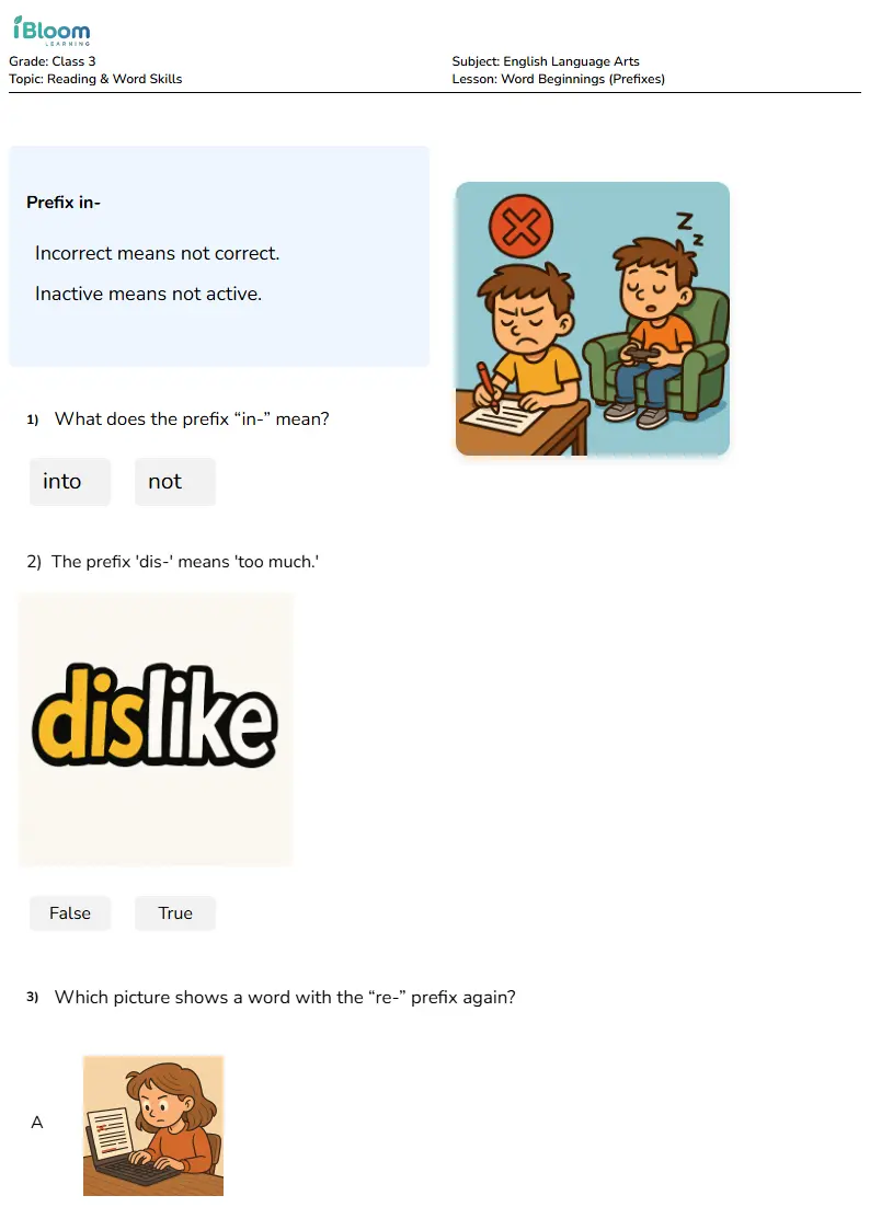 Free Word Beginnings (Prefixes) Worksheets for Class 3 | iBloom