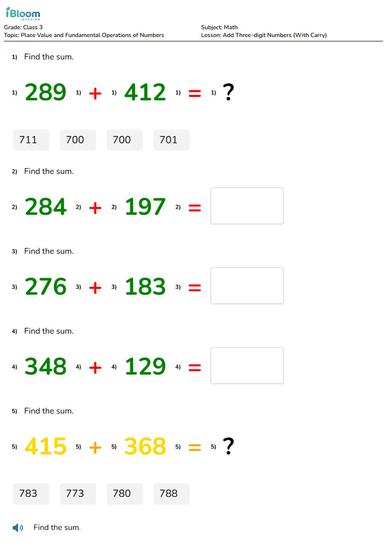 Free Add Three-digit Numbers (With Carry) Worksheets for Class 3