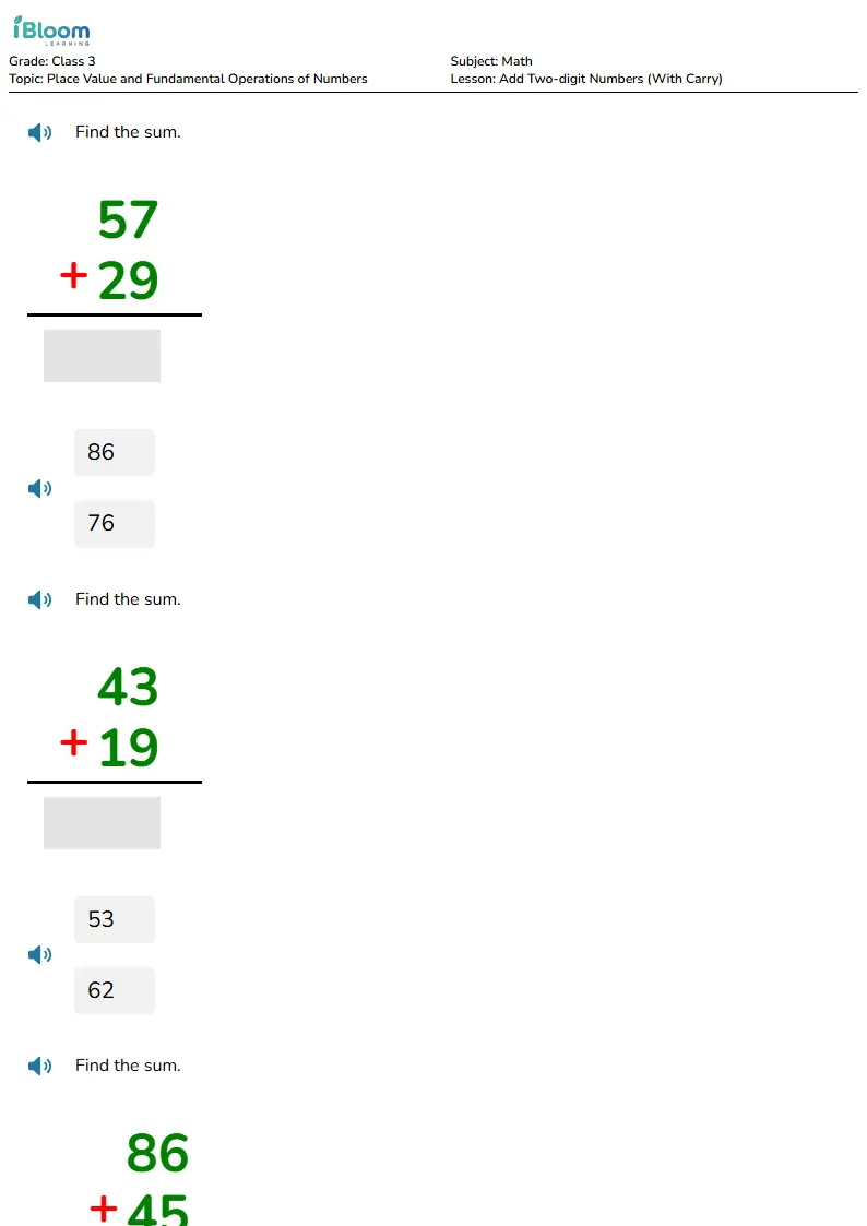 Free Add Two-digit Numbers (With Carry) Worksheets for Class 3