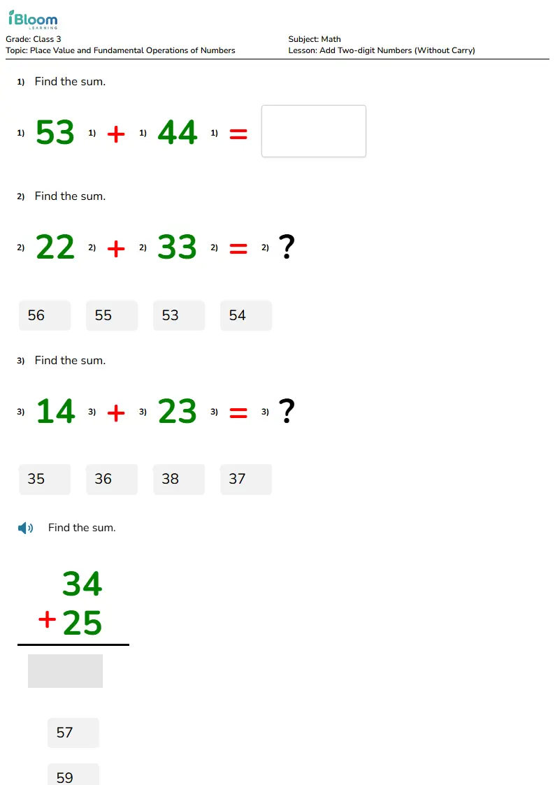 Free Add Two-digit Numbers (Without Carry) Worksheets for Class 3