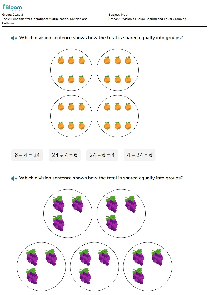 Free Division as Equal Sharing and Equal Grouping Worksheets for Class 3