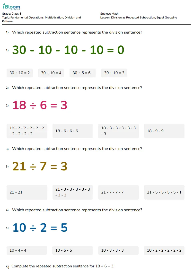 Free Division as Repeated Subtraction, Equal Grouping Worksheets for Class 3