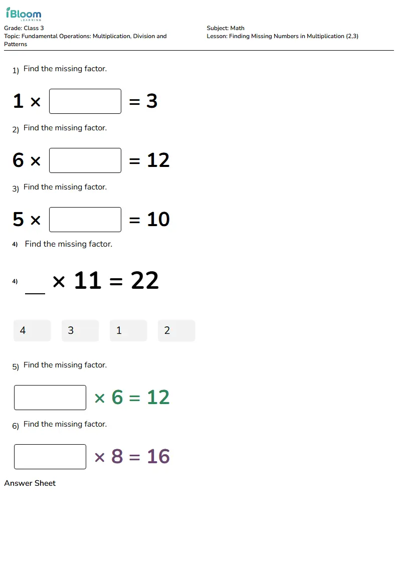 Free Finding Missing Numbers in Multiplication (2,3) Worksheets for Class 3