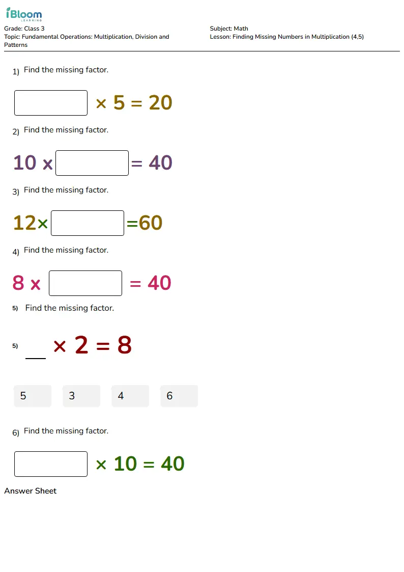 Missing Factors in Multiplication | Class 3