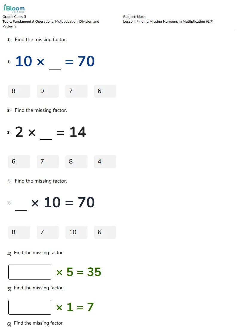 Free Finding Missing Numbers in Multiplication (6,7) Worksheets for Class 3