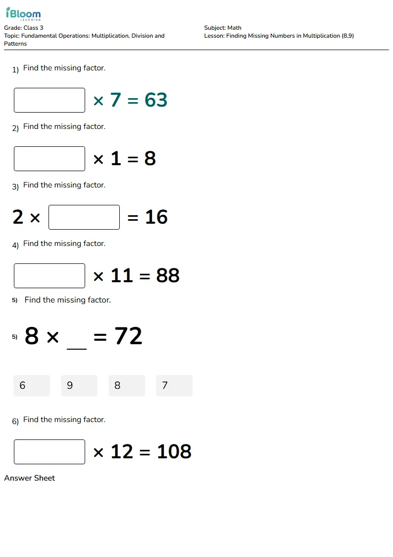 Free Finding Missing Numbers in Multiplication (8,9) Worksheets for Class 3