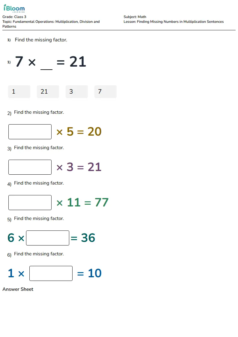 Free Finding Missing Numbers in Multiplication Sentences Worksheets for Class 3