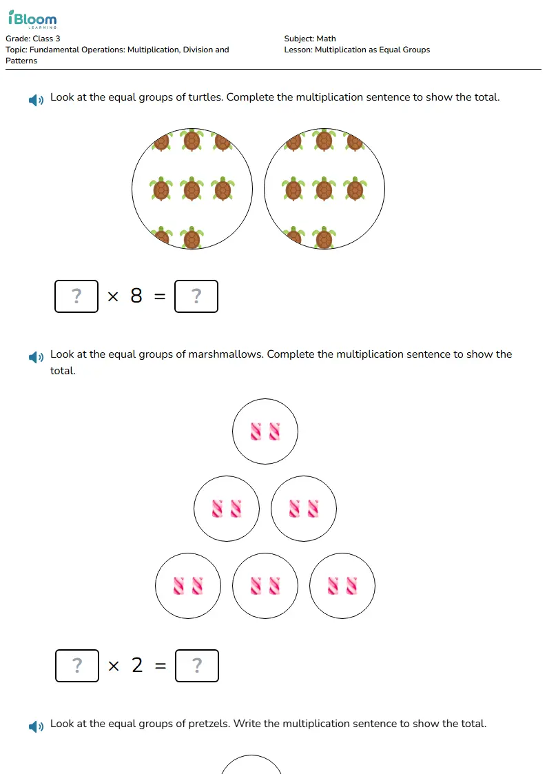 Free Multiplication as Equal Groups Worksheets for Class 3