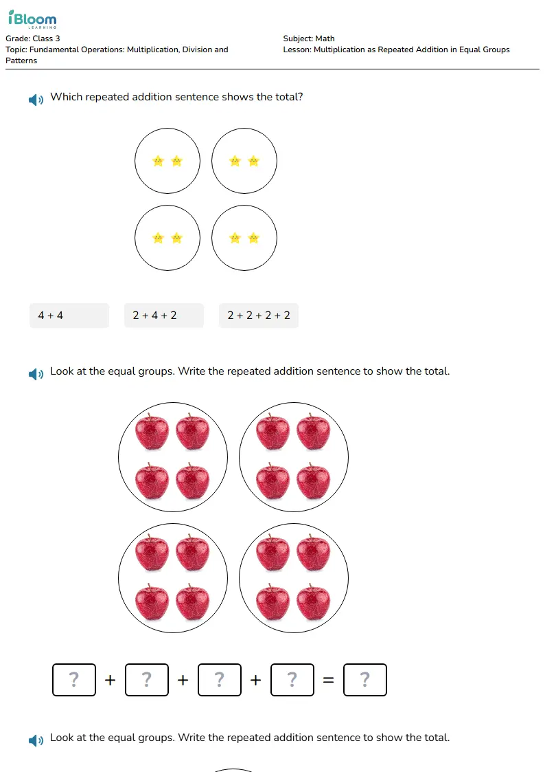 Free Multiplication as Repeated Addition in Equal Groups Worksheets for Class 3