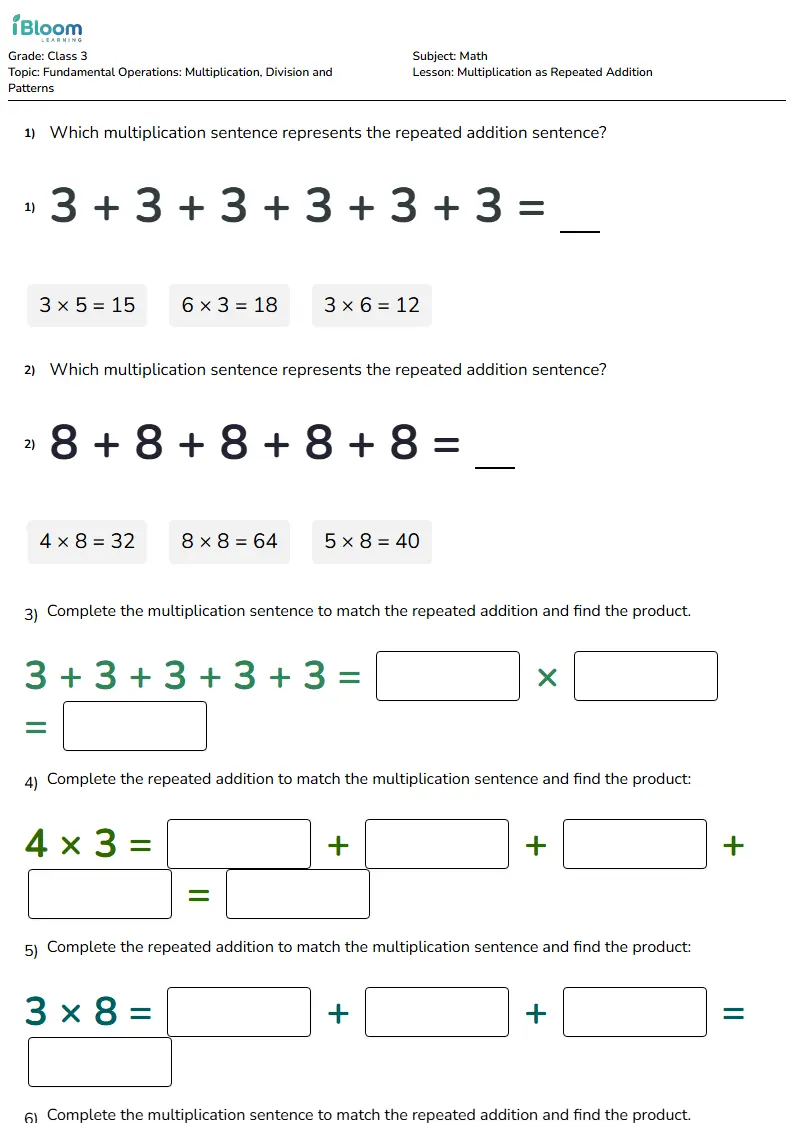 Free Multiplication as Repeated Addition Worksheets for Class 3