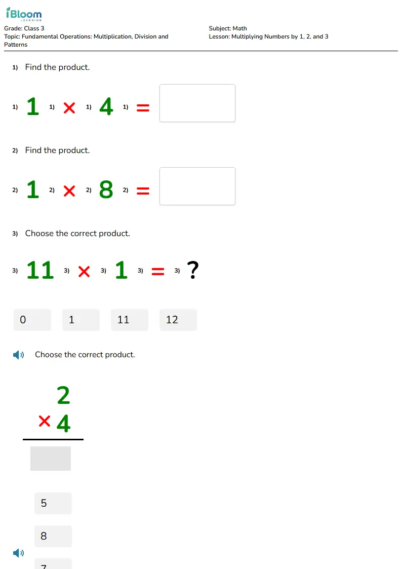 Free Multiplying Numbers by 1, 2, and 3 Worksheets for Class 3